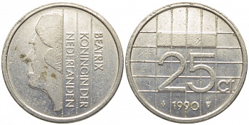 НИДЕРЛАНДЫ 25 ЦЕНТОВ 1990 БЕАТРИКС KM 204 никель 112-327