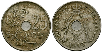 Бельгия 25 сантимов 1922 Belgique KM 68 медно-никель 4165-436