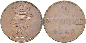 Мекленбург-Шверин 3 пфеннига 1848 Фридрих Франц II (1842-1883) Jaeger 48, AKS 47, KM 299 (С101) медь 4448-1247