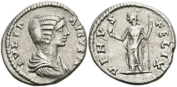 Римская Империя денарий 196 - 202 Юлия Домна, жена Септимия Севера VENVS FELIX Венера Лаодикея Приморская Good Very fine RIC 197 серебро 1073-4-93