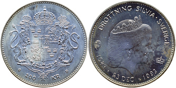 Швеция 200 крон 1993 Карл XVI Густав (1973- ), 50 лет со дня рождения королевы Сильвии KM 882 серебро BUNC 1072-5-52