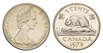 Канада 5 центов 1978 Елизавета II (1952-2022), бобр KM 60.1 никель 4636-613