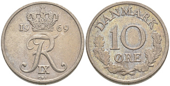 Дания 10 эре 1969 C,S, Фредерик IX (1947-1972) KM 849.1 медно-никель UNC 187-651