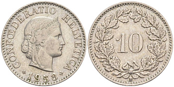 Швейцария 10 раппенов 1958 B KM 27 медно-никель     55-311