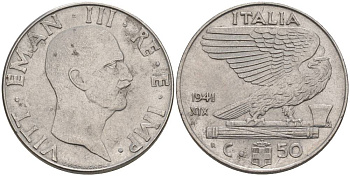 ИТАЛИЯ 50 ЧЕНТЕЗИМО 1941 R, ГОД XIX, ВИКТОР ЭММАНУИЛ III (1900-1946) KM 76b, VEM3. 1063 нержавеющая сталь 3853-415
