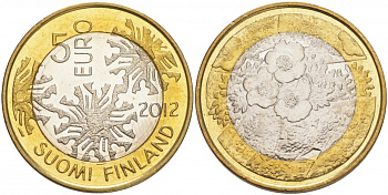 Финляндия 5 евро 2012 серия северная природа, флора, лютик KM 184 биметалл UNC M30-15