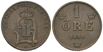 Швеция 1 эре 1884 Оскар II (1872-1907) KM 750 бронза 4611-328