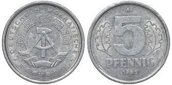 ГДР 5 ПФЕННИГОВ 1983 A КМ 9.2 алюминий 62-527