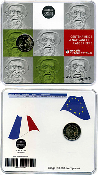 Франция 2 евро 2012 100 лет со дня рождения аббата Пьера, буклет, пластик, запайка KM 1894 биметалл BUNC 00-000-00