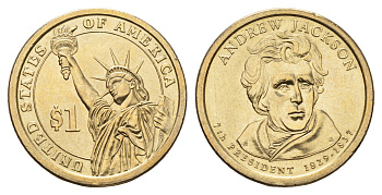 США 1 доллар 2008 P, Президент США - Эндрю Джексон (1829-1837) KM 428 медь с марганцево-латунным покрытием UNC 4698-1121