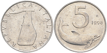 Италия 5 лир 1998 R, дельфин KM 92 алюминий  UNC  4594-951