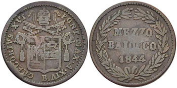 ВАТИКАН МЕЦЦО = 1/2 БАЙОЧЧИ 1844 B, ГОД XIV, ПАПА ГРЕГОРИЙ XVI (1831-1846) KM 1319 (C145a) медь 3896-1545