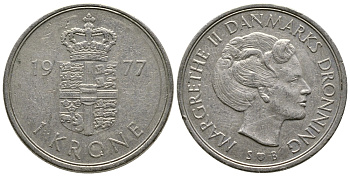 Дания 1 крона 1977 S; B, Маргарете II (1972- ) KM 862.1 медно-никель 3459-121