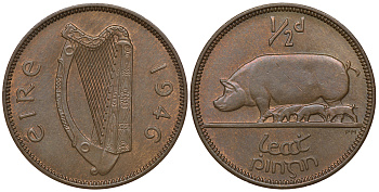 ИРЛАНДИЯ 1/2 ПЕННИ 1946 СВИНЬЯ С ПОРОСЯТАМИ KM 10 бронза 1525-921