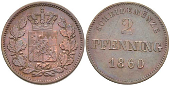 Бавария 2 пфеннига 1860 Максимилиан II (1848-1864) KM 472 медь 201-1026