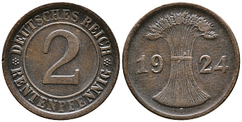 ГЕРМАНИЯ 2 РЕНТЕНПФЕННИГА 1924 A KM 31, J. 307 бронза 24-553