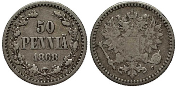 Россия для Финляндии 50 пенни 1868 S, Александр II (1855-1881) Биткин 635 R1 серебро 00-814-82