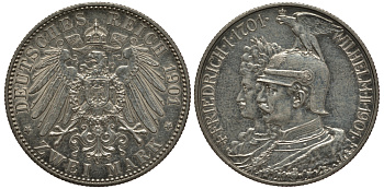 Пруссия 2 марки 1901 A, 200 лет Прусской королевской династии (Фридрих I - Вильгельм II) J.105, Weege 105, KM 525 серебро 3711-1015