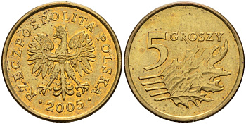 Польша 5 грошей 2005 MW KM 278, Parchimowicz 703l латунь 4580-558