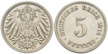 ГЕРМАНИЯ 5 ПФЕННИГОВ 1914 A KM 11, J. 12 медно-никель 105-169