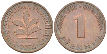 ФРГ 1 ПФЕННИГ 1974 D KM 105, J. 380 сталь плакированная медью 4181-614