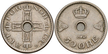 Норвегия 50 эре 1946 Хокон VII (1905-1957) KM 386 медно-никель 4187-915