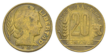 Аргентина 20 сентаво 1946 голова свободы вправо KM?42, CJ?200, Schon?45 алюминиевая бронза 4643-315