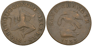 Остров Мэн 1 пенни 1733 подделка в ущерб обращению, Джеймс Стэнли, вес 6.22 гр, диаметр 26 мм KM 5 медь 95-1252