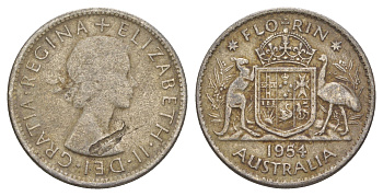 Австралия флорин = 2 шиллинга 1954 Елизавета II (1952-2022) KM 54 серебро 4652-152