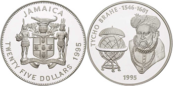 Ямайка 25 долларов 1995 Тихо Браге (1546-1601), датский ученый и астроном, глобус мира KM 170 серебро  PROOF  1080-8-53