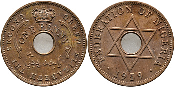 Нигерия 1 пенни 1959 Елизавета II (1952-), Британский протекторат KM 2 бронза 51-1723