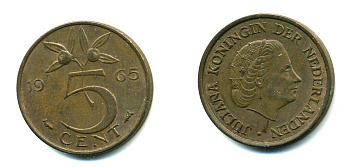Нидерланды 5 центов 1965 Юлиана (1949-1980) KM 181 бронза 76-432