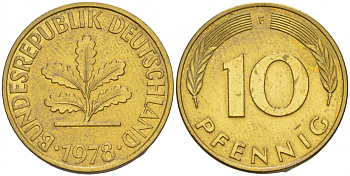 ФРГ 10 ПФЕННИГОВ 1978 F KM 108, J.383 сталь плакированная латунью 4544-1131