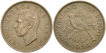 Новая Зеландия 1 пенни 1952 Георг VI (1936-1952), новозеландский туи KM 21 бронза 4542-932