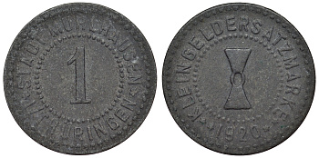 Мюльхаузен в Тюрингии 1 пфенниг 1920  Funck 342.13, Men18 21432.17 цинк     4118-1012