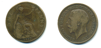 Великобритания 1 пенни 1917 Георг V (1910-1936) КМ 810, Spink 4051 бронза 4383-646