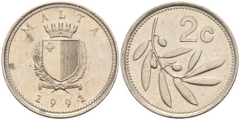 Мальта 2 цента 1991 оливковая ветвь KM 94 медно-никель 4585-1267