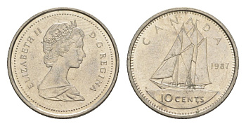 Канада 10 центов 1987 Елизавета II (1952-2022), парусник KM 77 никель 4630-837