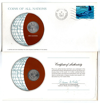 Новая Каледония 1 франк 1977 конверт с маркой первого дня гашения, Coins of Nations KM 10 алюминий UNC 4294-30-3