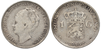 Нидерландское Кюрасао 1 гульден 1944 D, Вильгельмина (1890-1948) KM 45 серебро 36-557