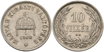 Венгрия 10 филлеров 1908 KB, Франц Иосиф I (1848-1916) KM 482 никель 4151-1114