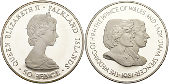 Фолклендские острова 50 пенсов 1981 королевская свадьба принца Чарльза и леди Дианы, в оригинальной коробке, с сертификатом KM 16а серебро PROOF 00-00