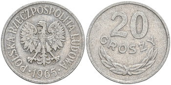 ПОЛЬША 20 ГРОШЕЙ 1965 MW KM A47 алюминий VF 4556-332