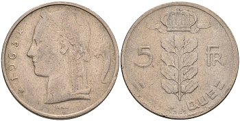 БЕЛЬГИЯ 5 ФРАНКОВ 1963 BELGIQUE KM 134.1 медно-никель 92-416