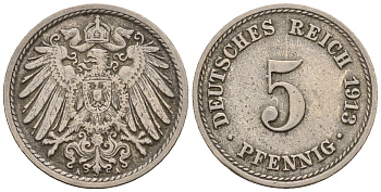 Германия 5 пфеннигов 1913 A, KM 11, J. 12 медно-никель 220-648