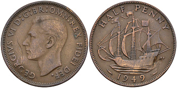 Великобритания 1/2 пенни 1949 Георг VI (1936-1952) KM 868, Spink 4118 бронза 4153-834