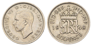Великобритания 6 пенсов 1948 Георг VI (1936-1952) KM 862, Spink 4105 медно-никель 4708-728