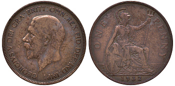 Великобритания 1 пенни 1932 Георг V (1910-1936) KM 838, Spink 4055 бронза 4131-422