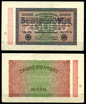 Германия 20000 марок 1923 20 февраля 1923, в/з кружки, номер шестизначный Pick 85, Розенберг 84b  бумага  XF  8617-38-1-1