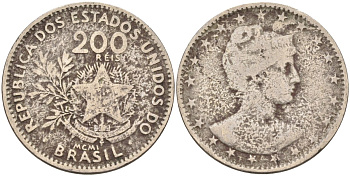 Бразилия 200 рейс 1901 голова свободы вправо KM 504 медно-никель 4589-1034